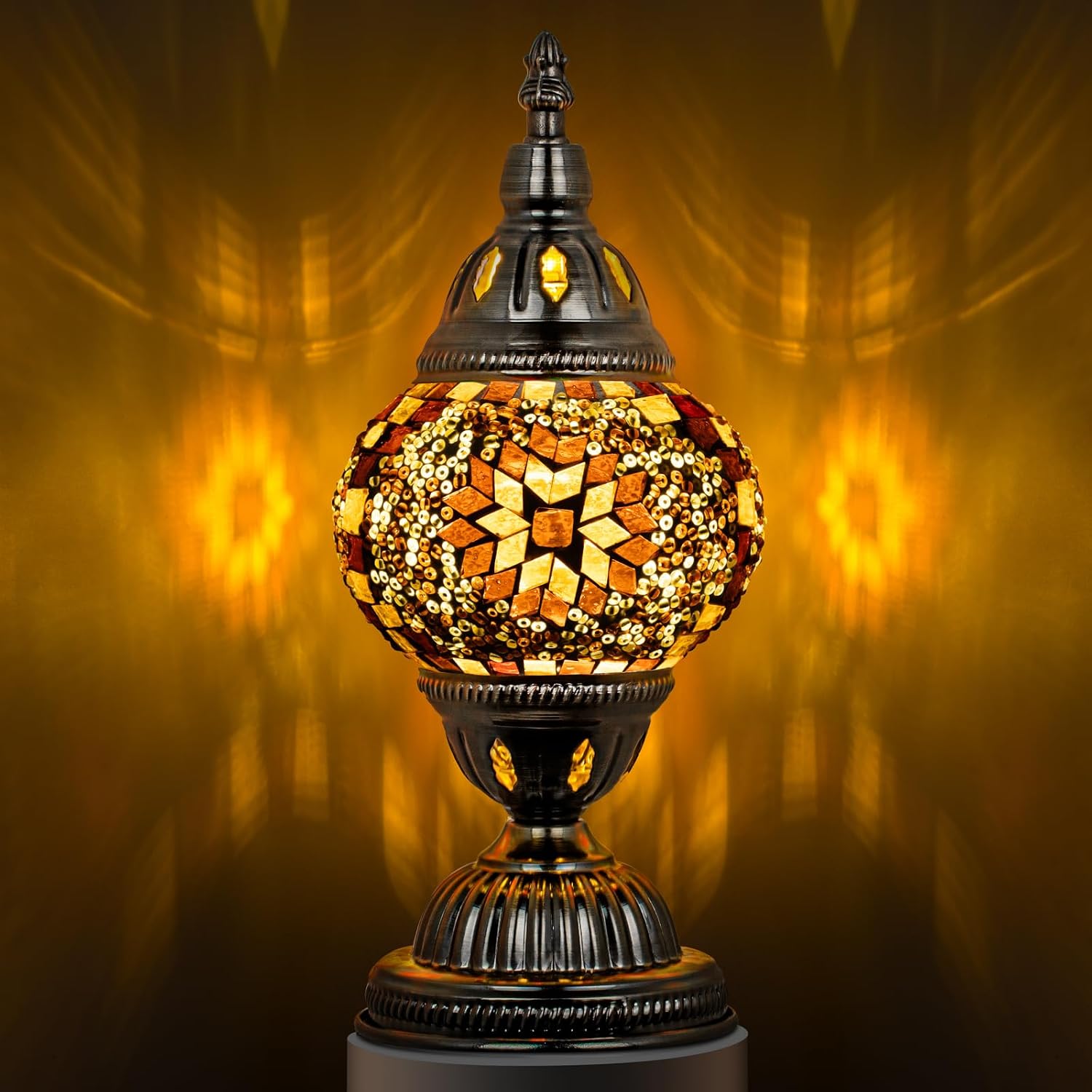 Marrakech Turkish Table Lamp with Bronze Base, Handmade Yellow Moroccan Tiffany Style Mosaic Glass Night Stand Light Fixture Including LED…