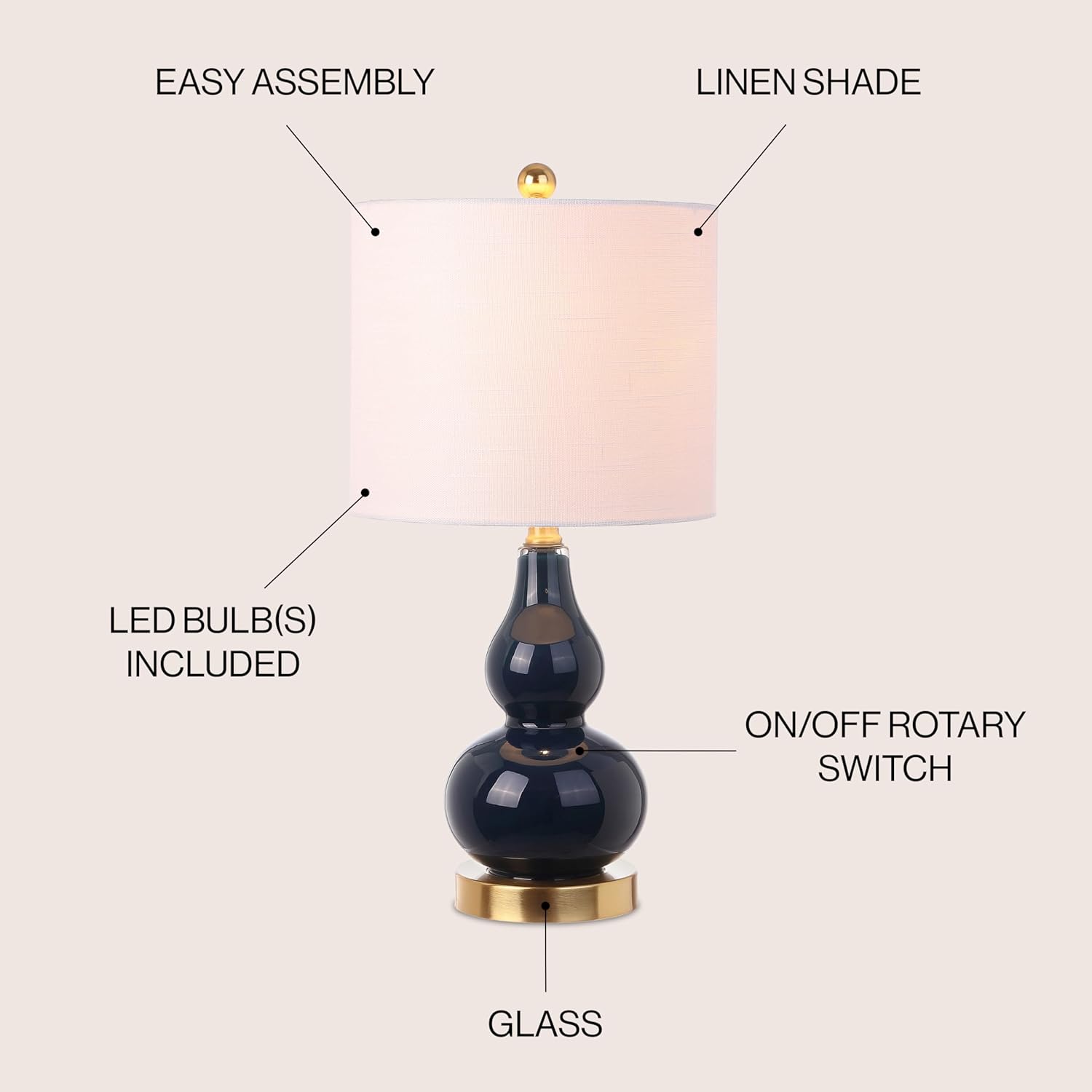 JONATHAN Y 20.5" Navy Glass Table Lamp, Modern Gourd Bedside Nightstand Lamp for Bedroom, Living Room, White Linen Shade, LED Bulb…