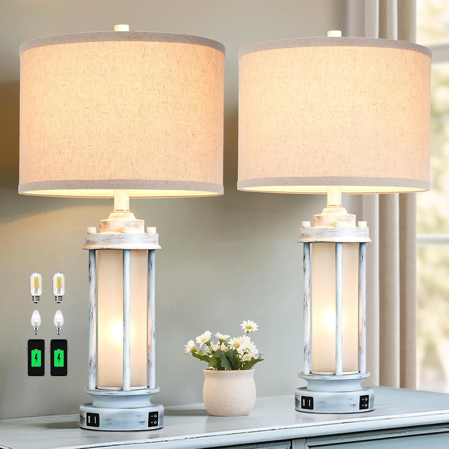 AIEAMPDO 25" Rustic Table Lamps Set of 2, Vintage Nightstand Lamps with 2 USB Ports, Farmhouse Antique White Desk Lamp with Glass Night…