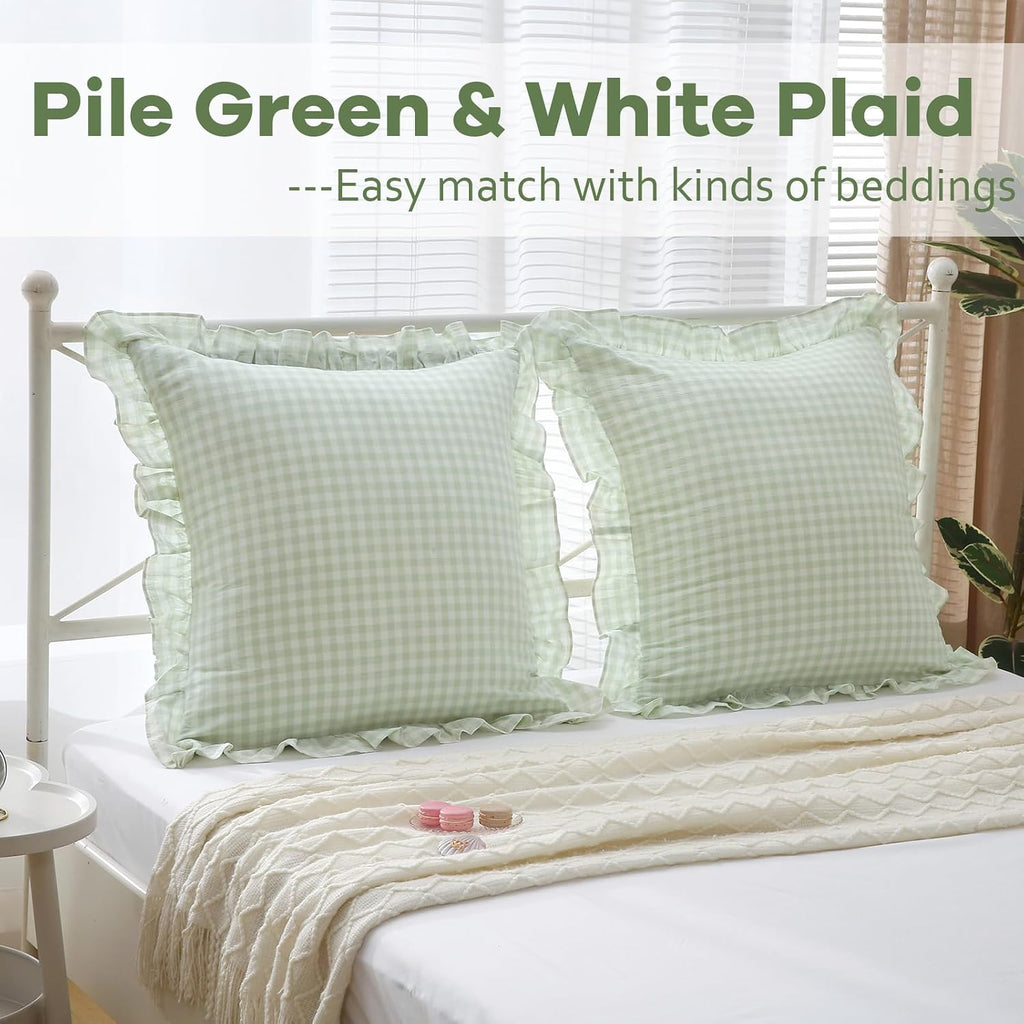 Kmasaniji 2 Pack Pile Green White Plaid Ruffle Gingham Euro Shams Pillow Covers, 100% Washed Cotton Checkered Farmhouse Pillowcases for Bed…
