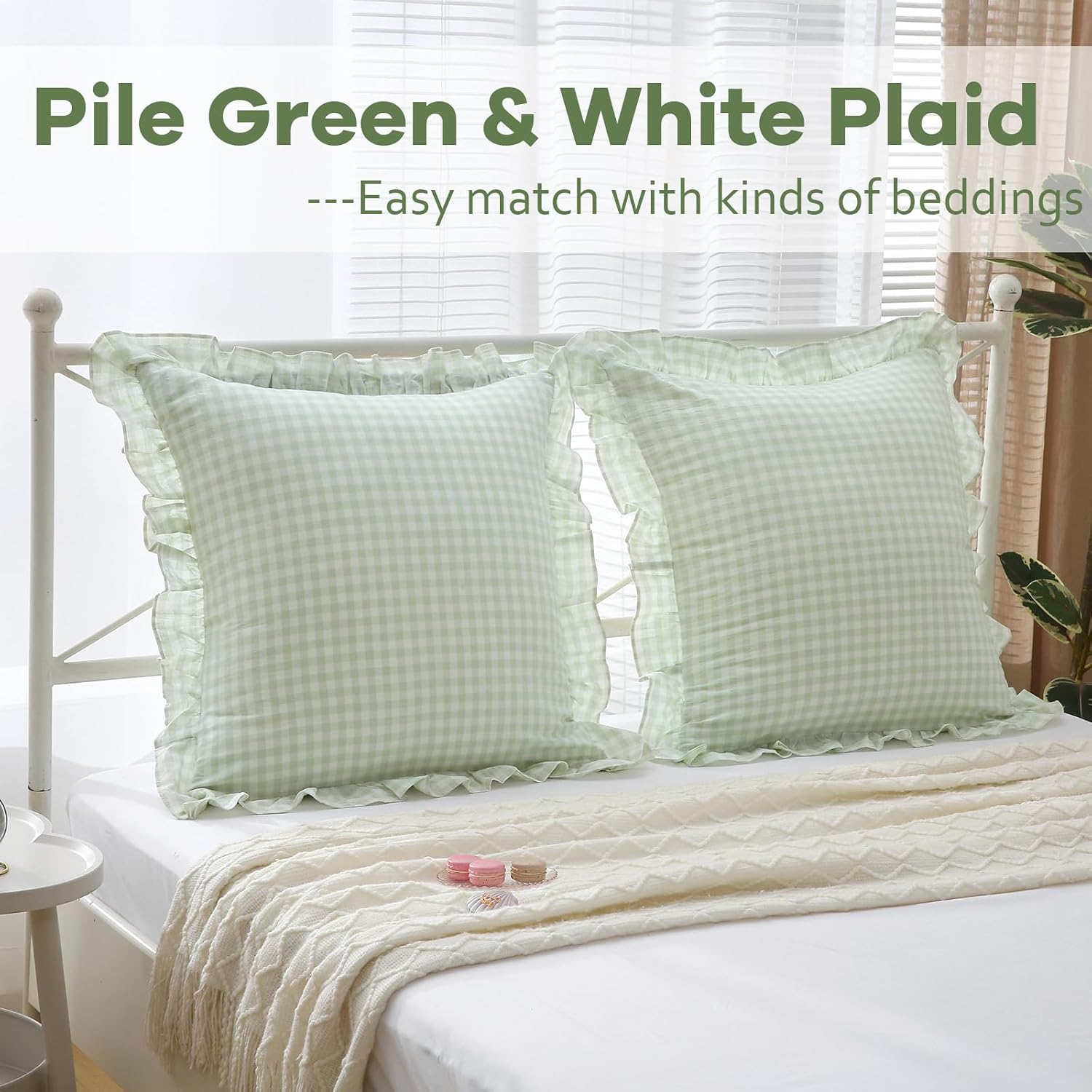 Kmasaniji 2 Pack Pile Green White Plaid Ruffle Gingham Euro Shams Pillow Covers, 100% Washed Cotton Checkered Farmhouse Pillowcases for Bed…