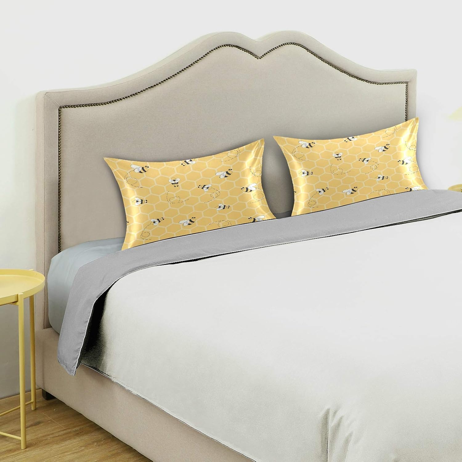 Satin Pillowcase for Hair and Skin Silkly Decorative Pillow Sham with Envelope Closure Pillow Cover (20x30in, Yellow Honeycomb Bee)