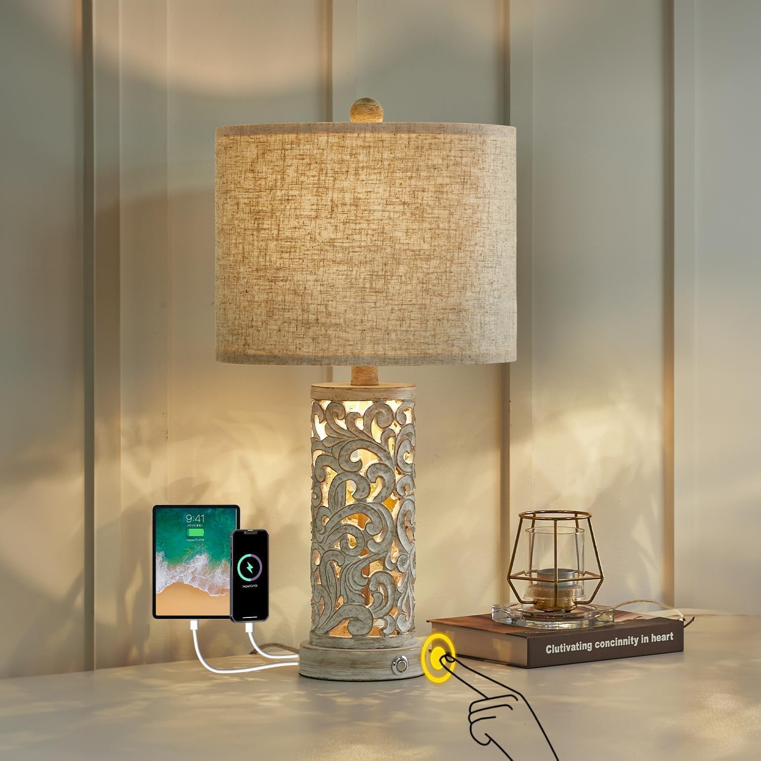 OYEARS 3-Way Dimmable 22'' USB A+C Touch Control Table Lamp with Nightlight for Living Room Bedroom Farmhouse Bedside Nightstand Lamps…
