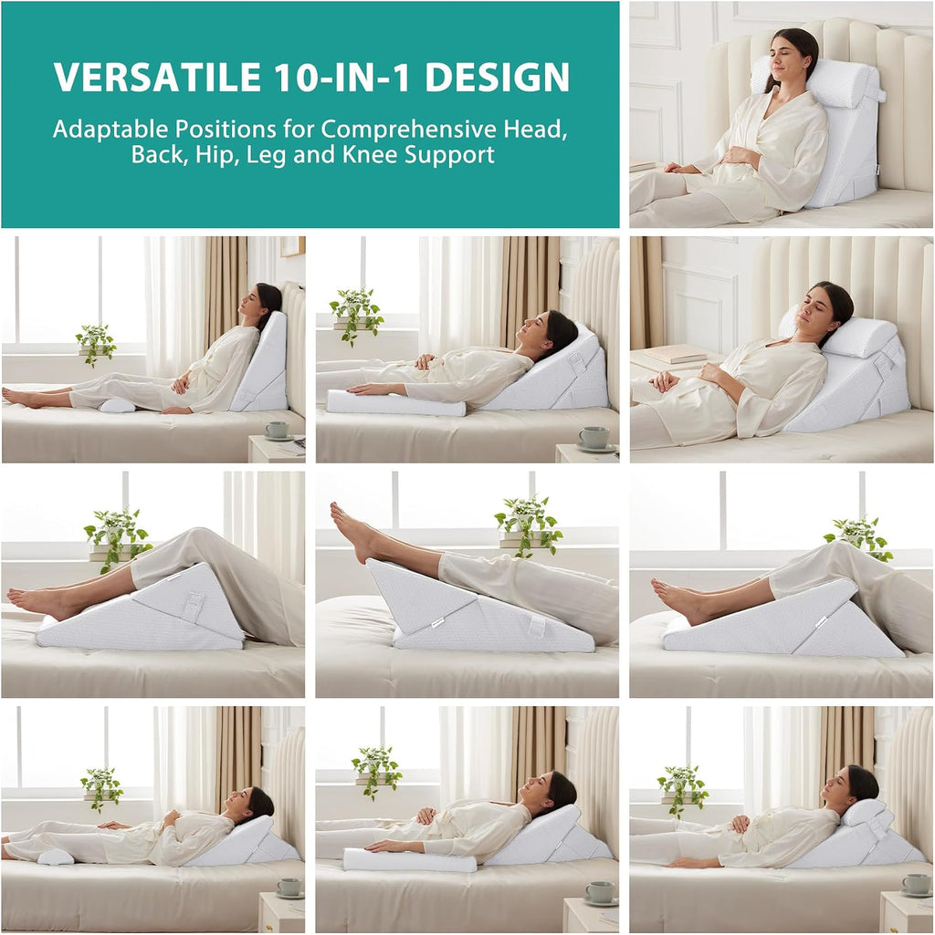Bedluxe 3Pcs Orthopedic Bed Wedge Pillow Set, Foam Wedge Pillow Post Surgery for Back, Leg and Knee Support, Adjustable 9&12 Inch Folding T…