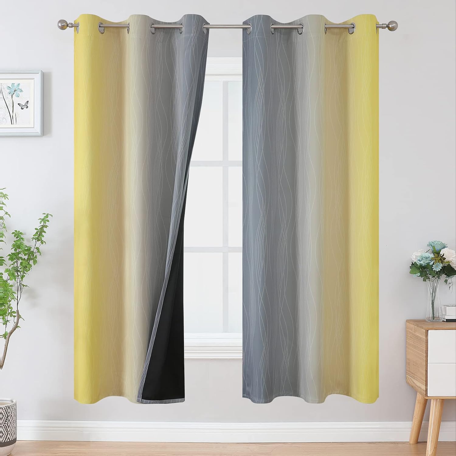 Estelartextiler Estelar Textiler Ombre Grey and Yellow Blackout Curtains 72 Inch Length 2 Panels, Full Light Blocking Curtains for Living R…