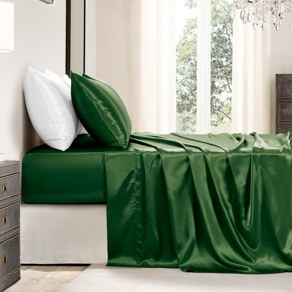 Golal Satin Sheets Queen Size - 4 Pieces Luxury Silky Soft Bed Sheets, Wrinkle-Free Dark Green Satin Silk Sheet Set with 1 Deep Pocket Fitt…