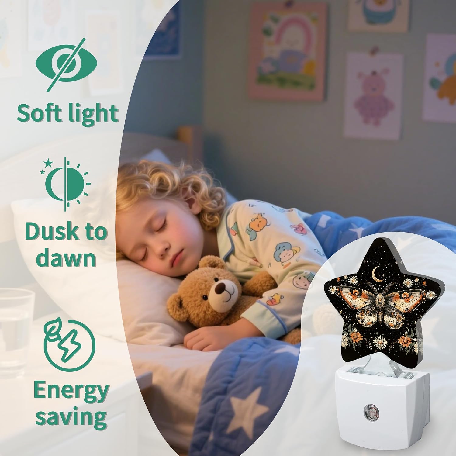 Boho Moth Flower Star Night Light Plug in, Soft Glow Night Light for Kids Bedroom Nursery, Gentle Warm Light for Sleep, Compact Lamp for…