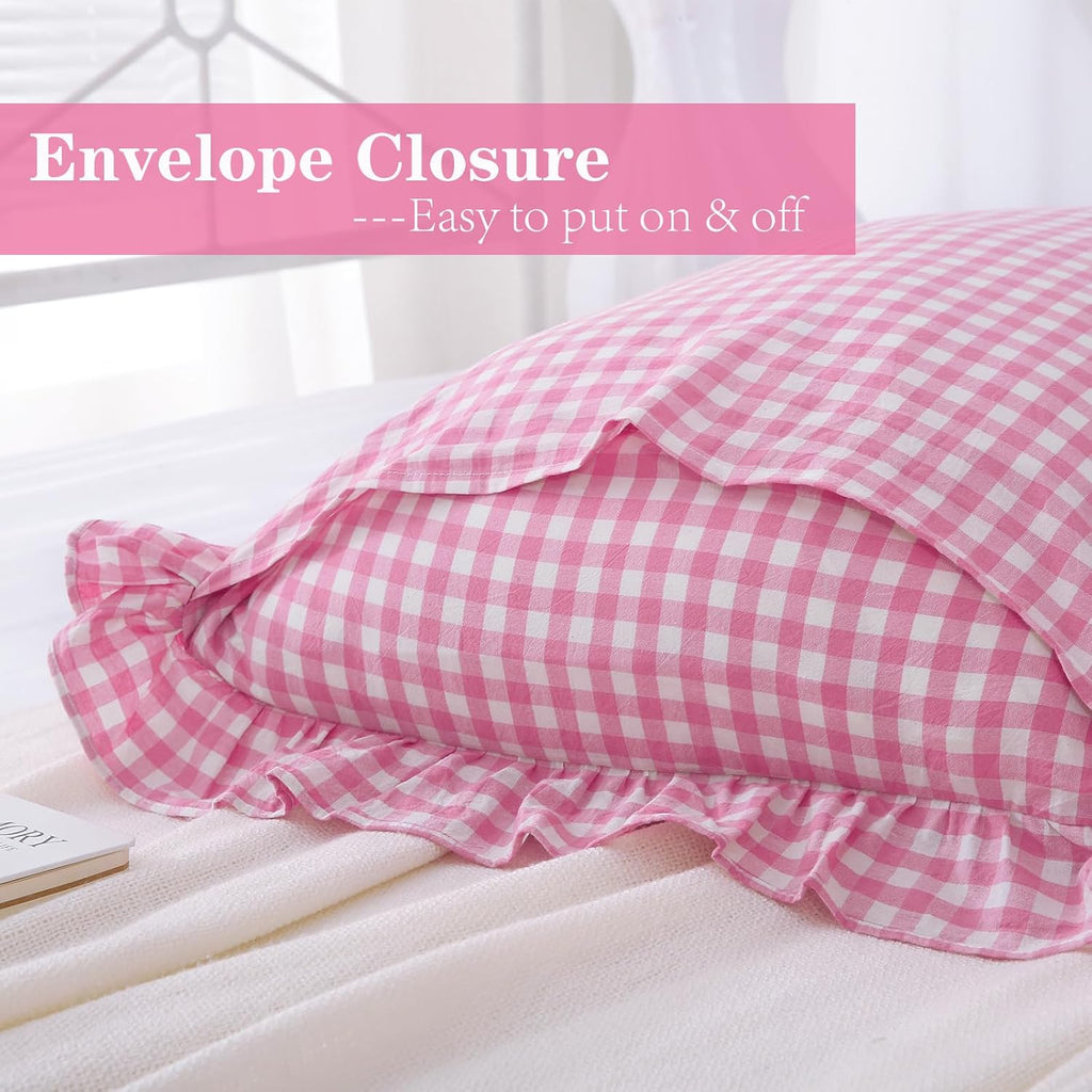 2 Pack Pink White Plaid Ruffle Gingham Standard Pillow Covers, 100% Washed Cotton Checkered Girly Bed Pillow Shams - 20"x26"