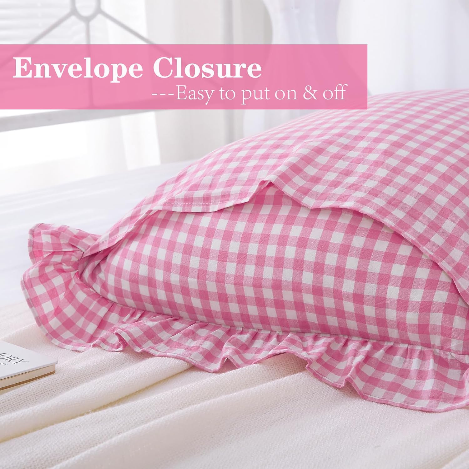 2 Pack Pink White Plaid Ruffle Gingham Standard Pillow Covers, 100% Washed Cotton Checkered Girly Bed Pillow Shams - 20"x26"