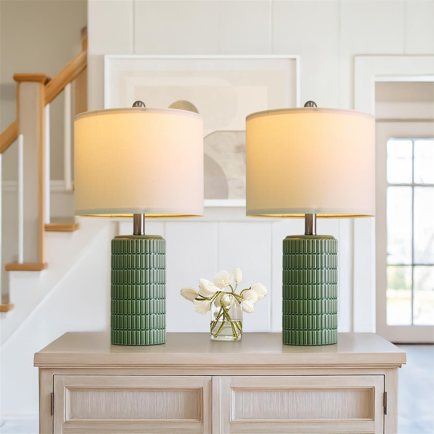 PoKat 20.75" Small Modern Ceramic Table Lamps Set of 2 for Bedroom, Green Bedside Lamps for Night Stands, Farmhouse House Decor…