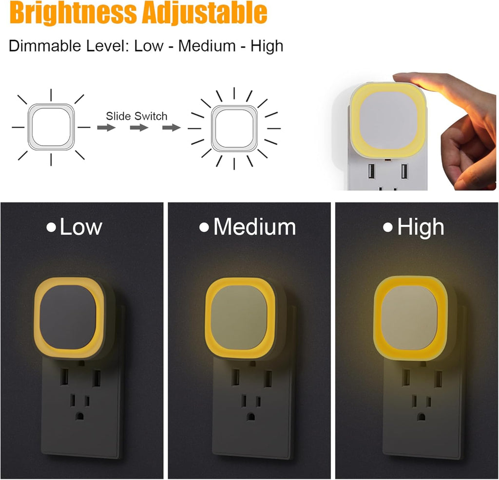 YUNLEX 2 Pack Plug in Dimmable Night Light, Auto Dusk to Dawn Sensor, Soft Golden Yellow Light for Bathroom, Hallway, Stairs, Kitchen…