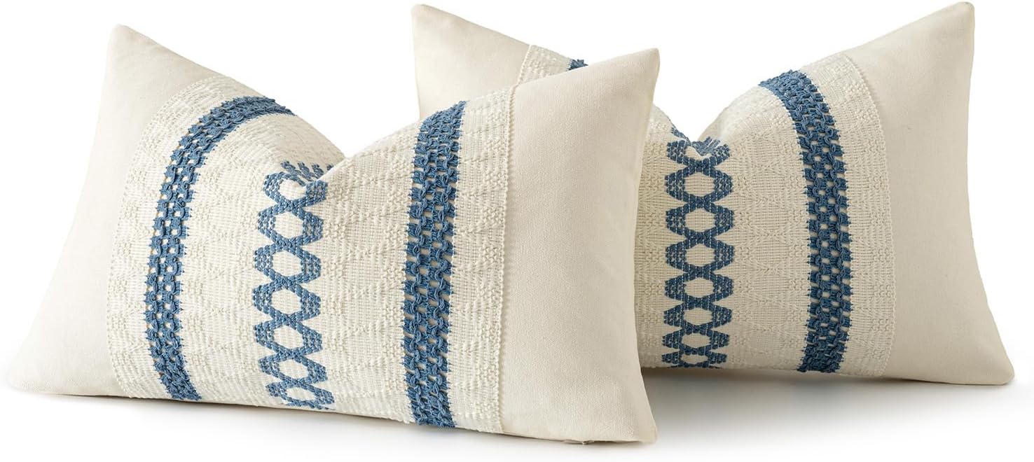 MIULEE Set of 2 Coastal Blue Boho Decorative Lumbar Pillow Covers 12x20 Inch Farmhouse Rustic Couch Throw Pillows Modern Summer Cushion…