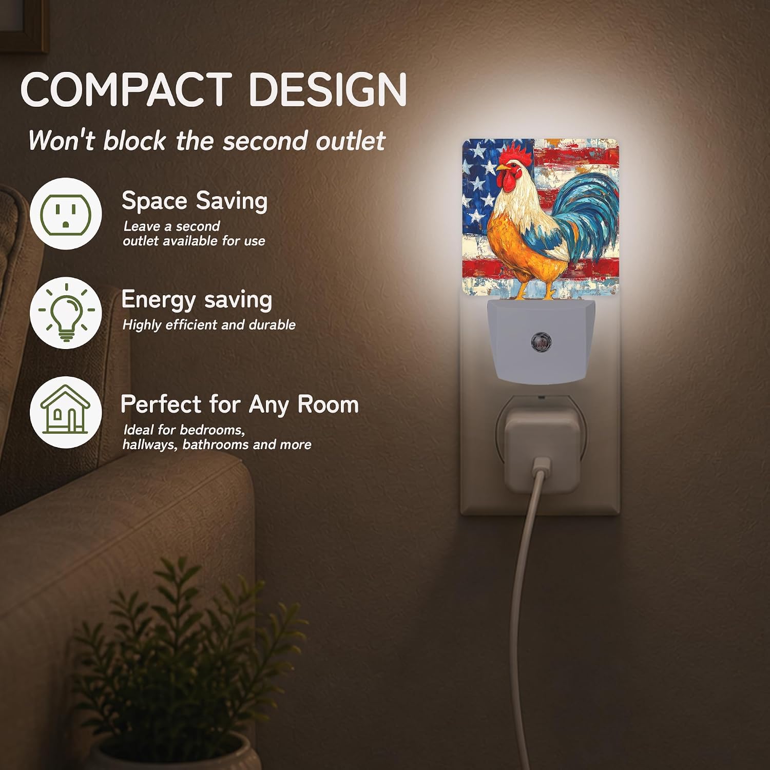 Night Light, Patriotic Rooster Flag Night Lights Plug into Wall Decor for Bedroom Bathroom Hallway Kitchen, Dusk to Dawn Sensor Gift for…