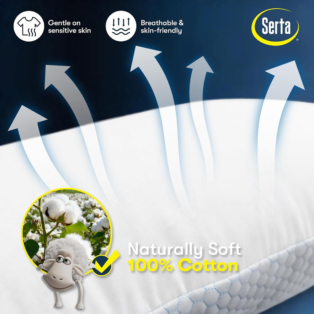 Serta Cooling Down Alternative Bed Pillows Queen Size Set of 2, Reversible Cooling & Cotton Fabric, Medium Firm, Breathable Support for…
