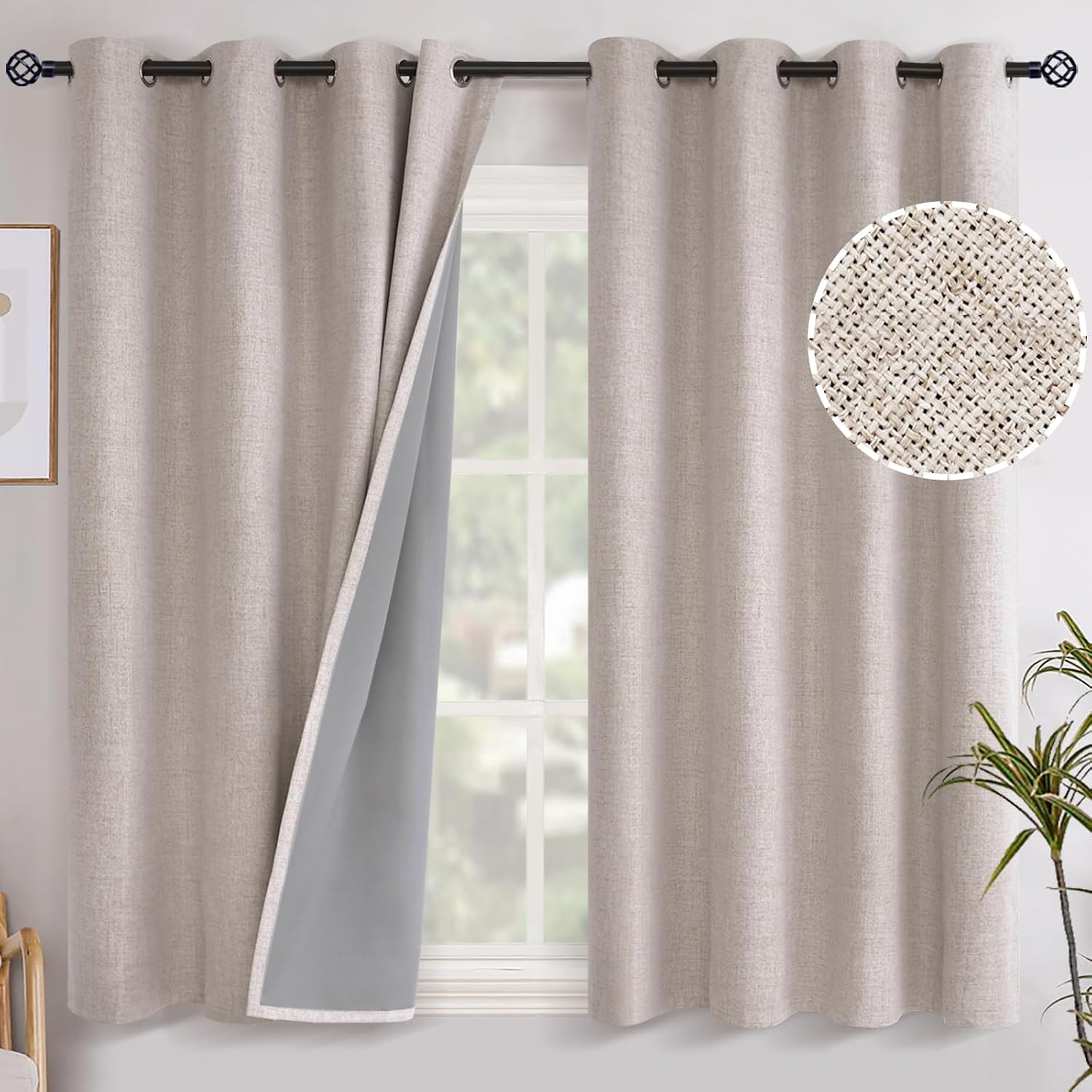 YoungsTex Linen Blackout Curtains 54 Inches Length for Short Window, Grommet Full Room Darkening Linen Textured Window Drapes for Bedroom B…