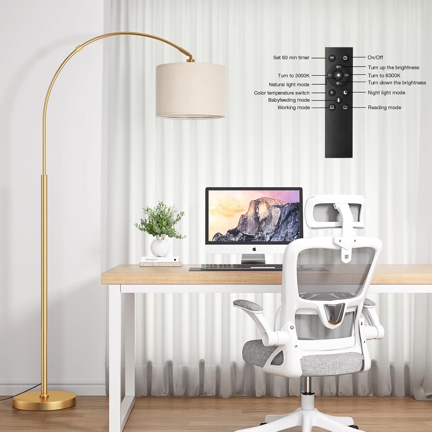Ambimall Dimmable Arc Floor Lamp with Remote, Color Temperatures and Brightness Adjustable, Arched Floor Lamp with Rotating Head, Over…