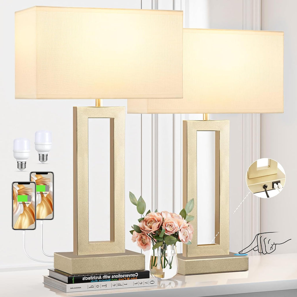 Seealle 22" Tall Bedroom Lamps for Living Room - Touch Gold Bedside Lamps with USB C+A, 3 Way Dimmable for Nightstand, Modern Night…