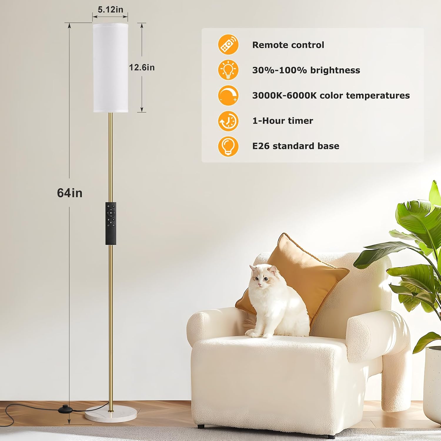 Ambimall 64'' Floor Lamps for Living Room with Remote Control and Stepless Dimmable Colors Temperature & Brightness, Gold Standing Lamp…