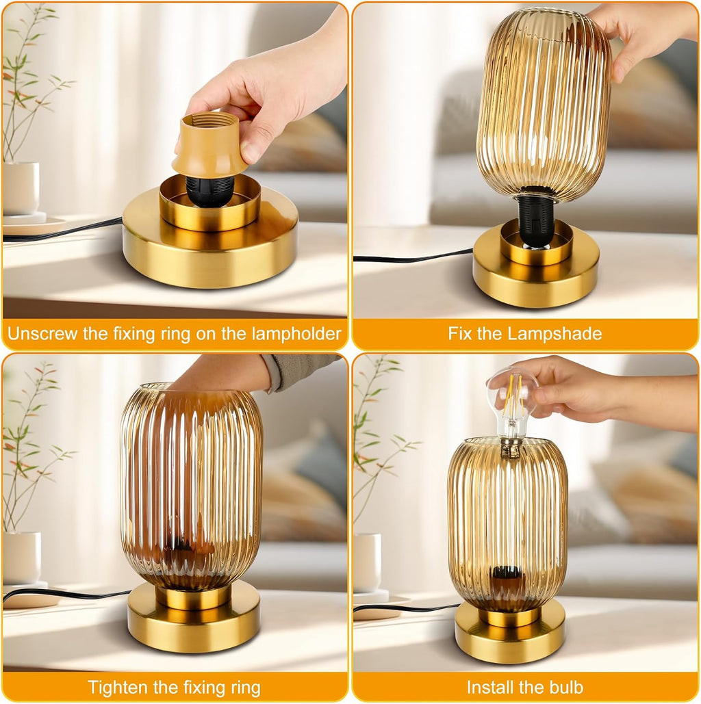Mid Century Modern Table Lamp with Amber Ribbed Glass Shade, Touch Control & 3 Way Dimmable, Small Gold, Vintage Bedside Lamp for Bedroom…