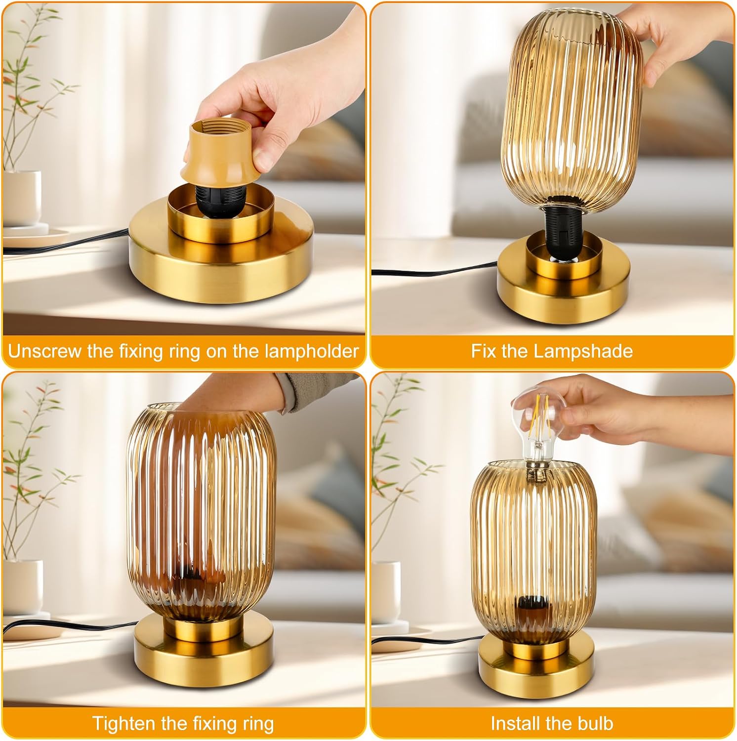 Mid Century Modern Table Lamp with Amber Ribbed Glass Shade, Touch Control & 3 Way Dimmable, Small Gold, Vintage Bedside Lamp for Bedroom…
