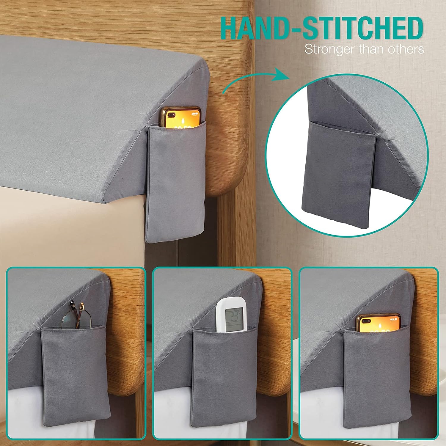 Vekkia King Bed Wedge Pillow for Headboard Gap, 0–6" Gap Filler with Side Pockets & Washable Cover, Gray 76"x10"x6"