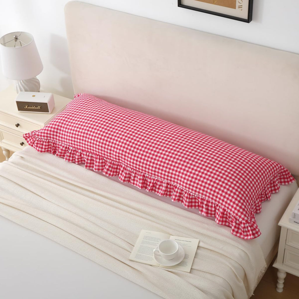 Silnuo Gingham Ruffle Body Pillow Cover, Washed Cotton Red/White Plaid Checkered Long Pillowcase Vintage Pillow Sham-20" x 54" Cotton Red
