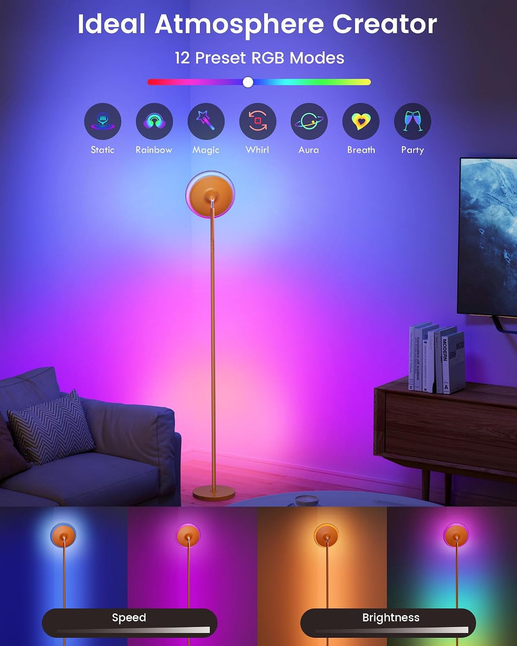 Wowlumenofficial UFO LED Torchiere Floor Lamp with RGB Ambient Light, 42W 3700LM Bright Dimmable Sky Lamp,71in Modern Tall Standing Lamp wi…
