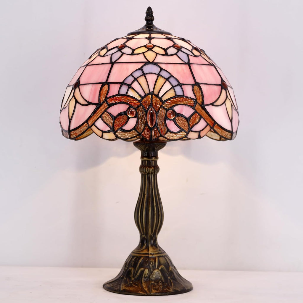 WERFACTORY Tiffany Lamp Stained Glass Table Lamp 12X12X18 Inch Pink Baroque Style Lavender Bedside Reading Desk Light Decor Bedroom…