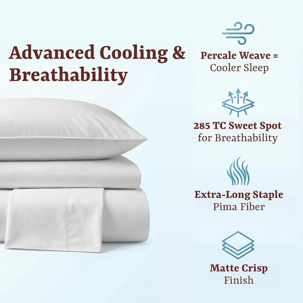 Perupima Peru Pima 285 Thread Count Percale King Sheet Set - 100% Peruvian Pima Cotton, 4 Piece (Flat, Fitted, 2 Pillowcases) - Cooling, Cr…