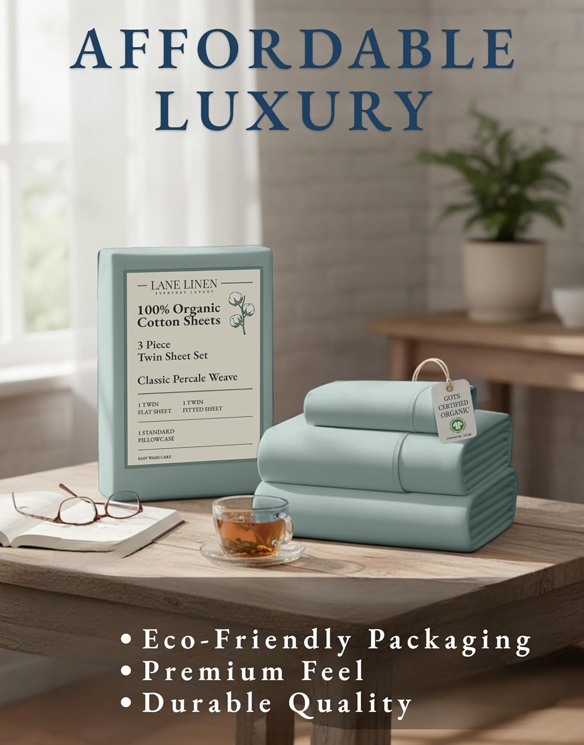 LaneLinen LANE LINEN 100% Organic Cotton Twin Bed Sheet Set, Mercerized Fully Elasticized reusable Sustainably Produced Bedding Sheets…