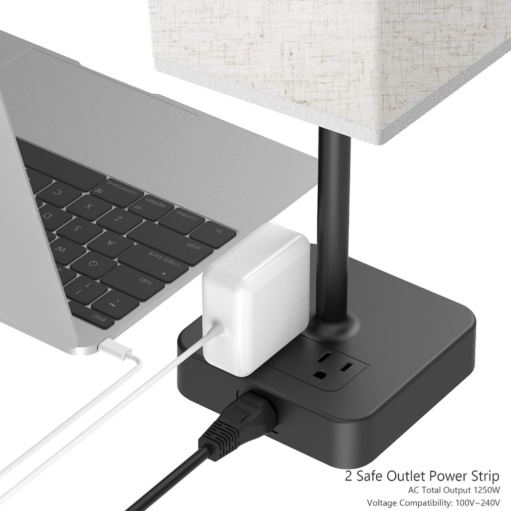 Touch Control Bedside Table Lamp with USB C & USB A Charging Port and 2 AC Outlet, Minimalist LED Desk Light with Charger Base Brown…