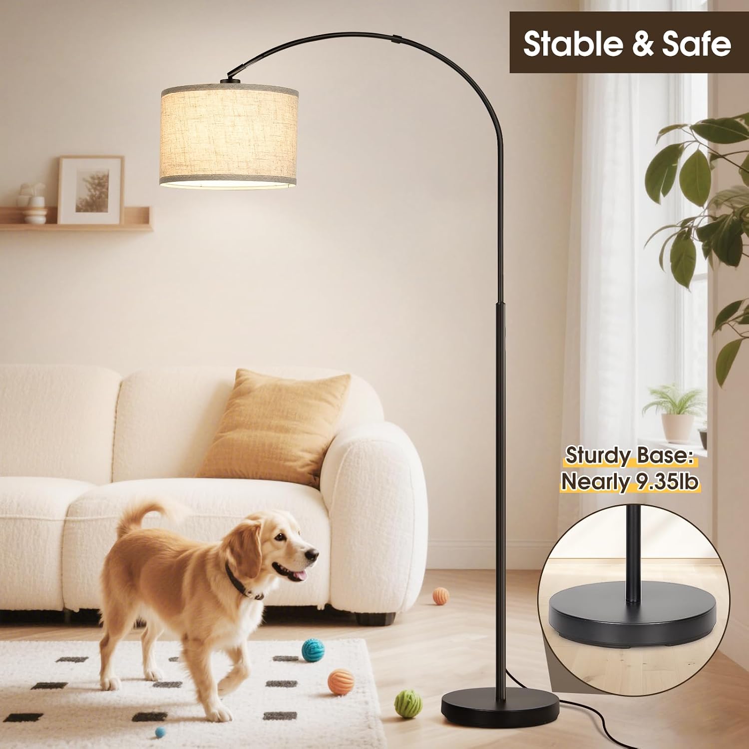Dimmable Floor Lamp, Arc Floor Lamp with Dimmer, Black Standing Lamp with Adjustable Hanging Shade, Over Couch Tall Reading Light, Modern…