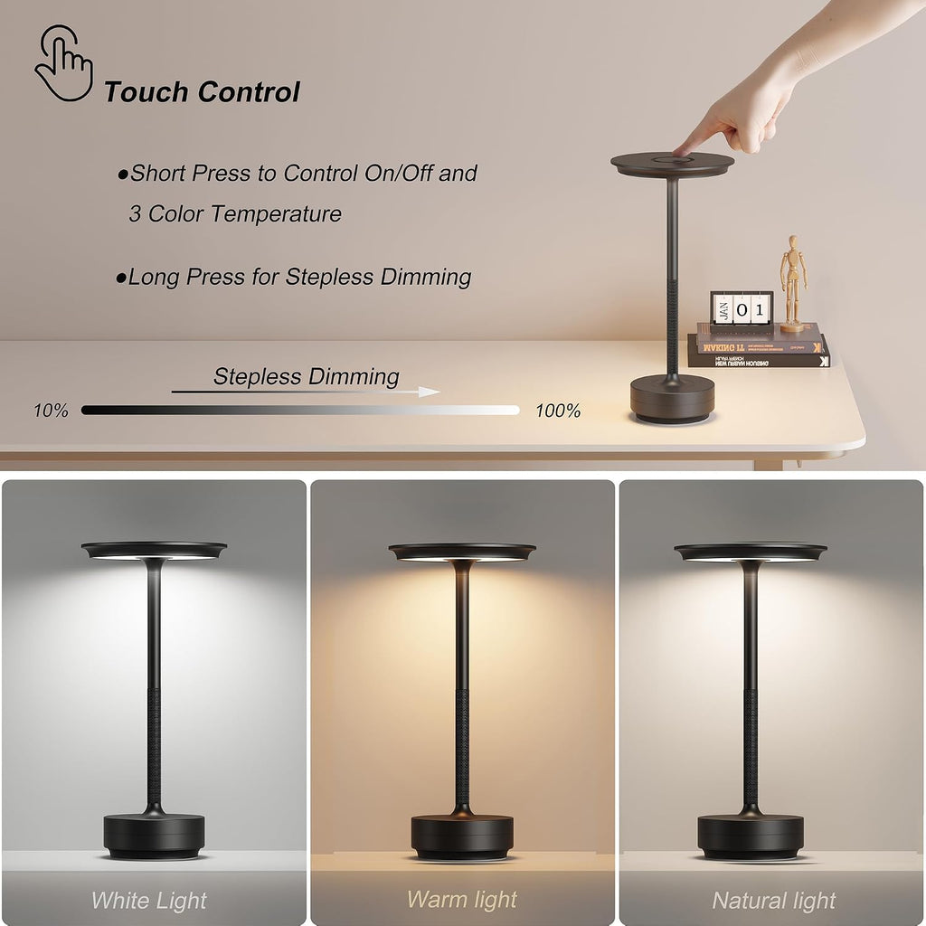 TBBGA 1 Pack Cordless Rechargeable Table Lamps, Portable 5000mAh Restaurant Table Lamp, 3 Color Stepless Dimming LED Table Light with…
