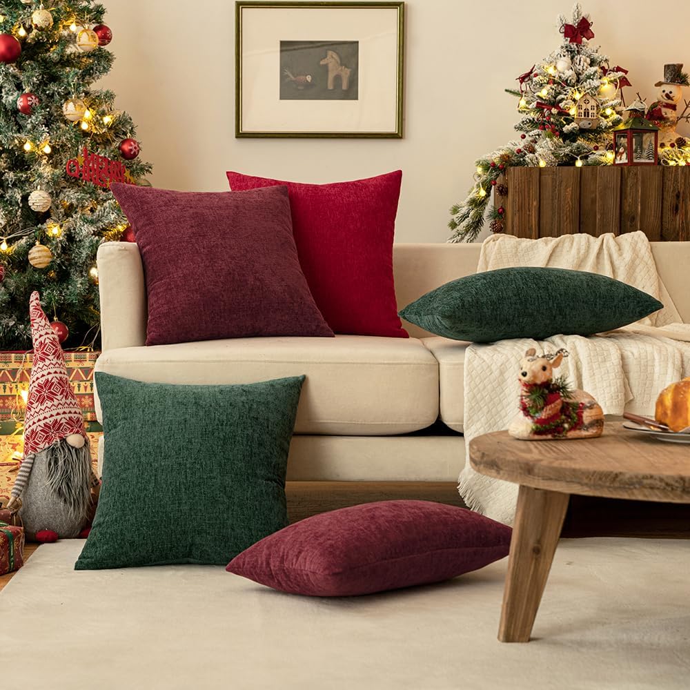 Miulee Pack of 2 Green Throw Pillow Covers 18x18 Inch Soft Chenille Pillow Covers for Sofa Living Room Couch Solid Dyed Cases wood Green