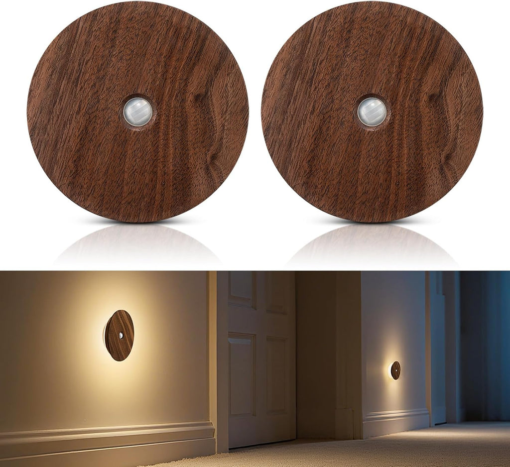 Motion Sensor Night Light Wood Rechargeable Battery-Powered Stick-On Step Lights Magnetic Closet Warm Nightlight for Hallway Bedroom…