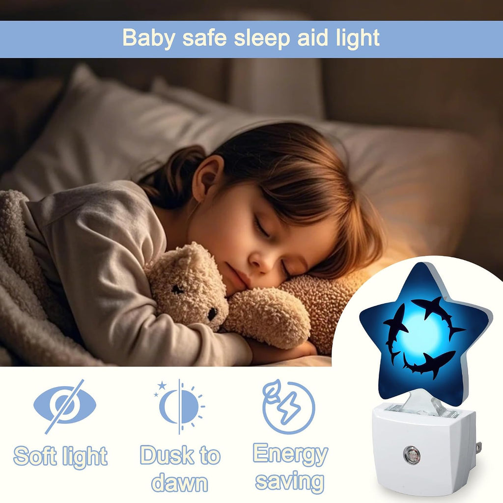 Snowmolle Night Light, Coastal Shark Plug into Wall with Dusk to Dawn Light Sensors, Blue Ocean Sea Warm Star Nightlights for Bedroom, Bathroo…