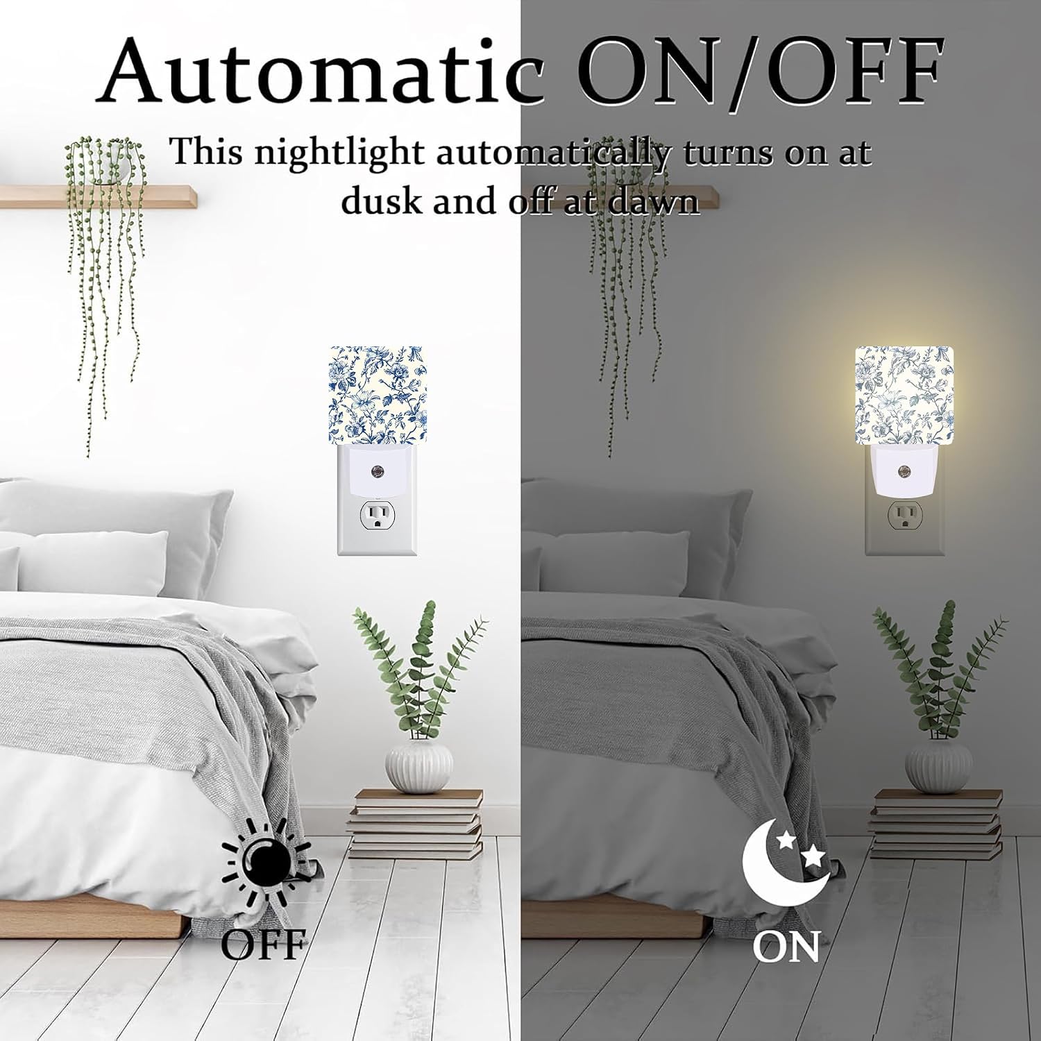 Vintage Blue Flowers Night Light, Abstract Botanical Floral Leaves Dusk to Dawn Night Light Plug in, 0.5w Energy Saving Sleep Friendly…