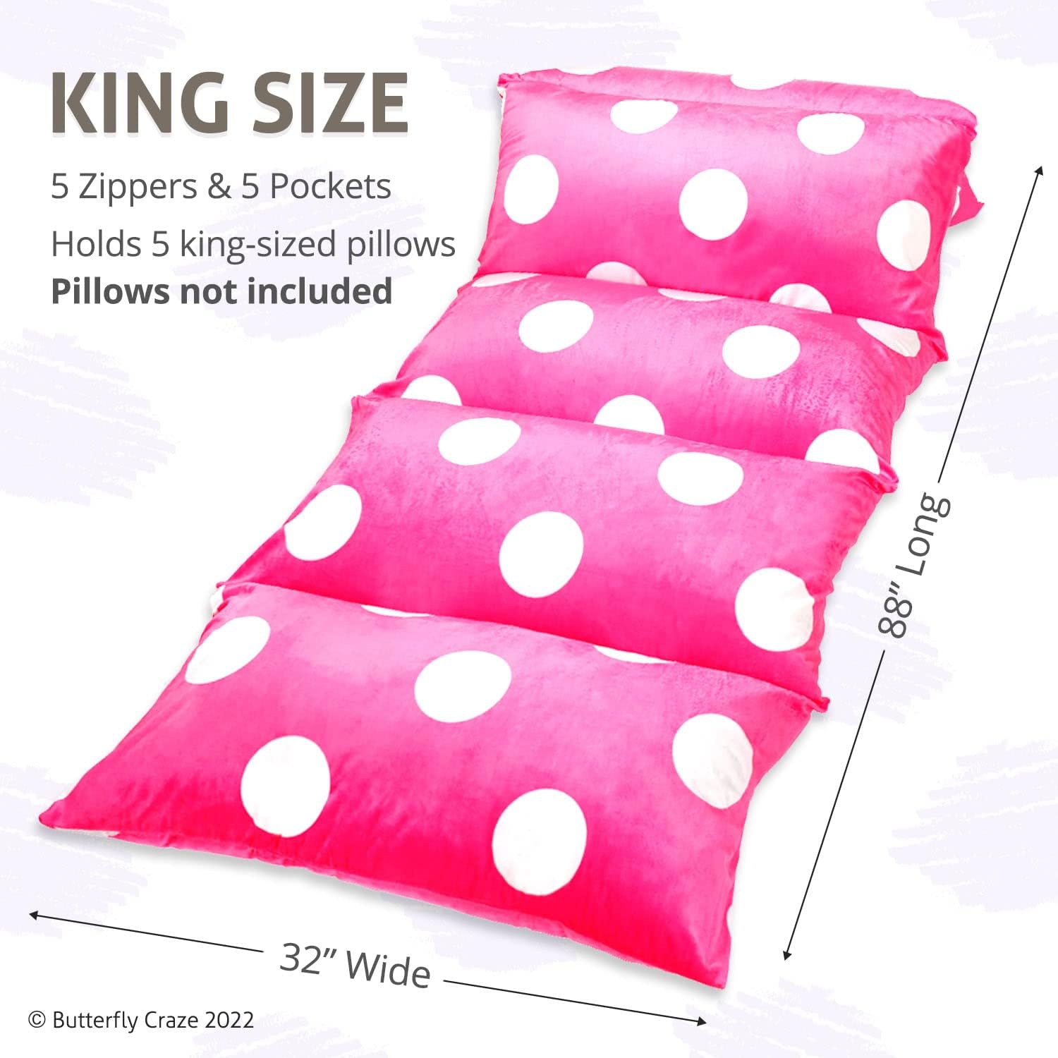 Butterfly Craze Floor Pillow Case, Mattress Bed Lounger Cover, Polka Hot Pink, King Size - Cozy Seating Solution for Kids & Adults…