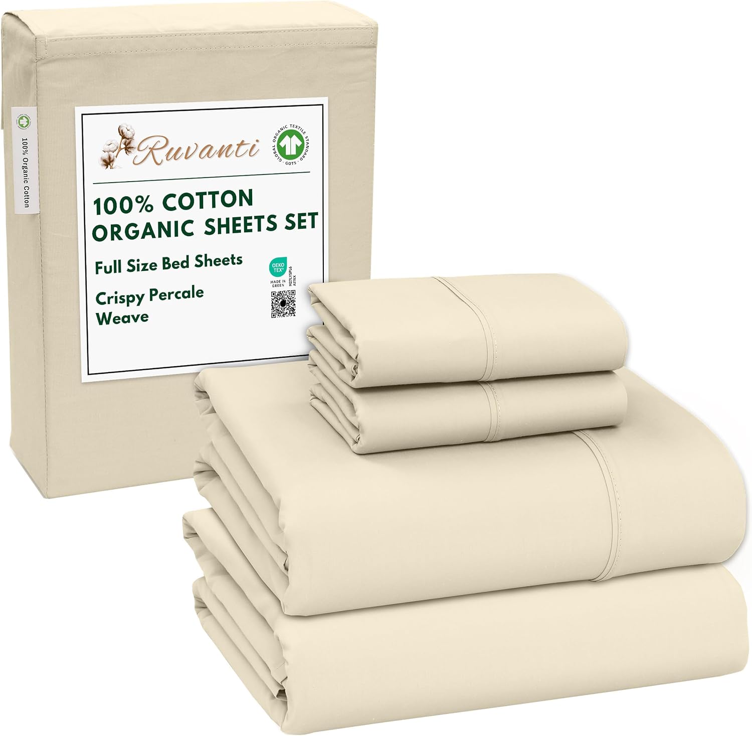 Ruvanti 100% Cotton Organic Percale Sheets Full Size – Crisp Cooling Bed Sheets for Hot Sleepers, Deep Pocket 15”, Soft Peach Finish, Breat…