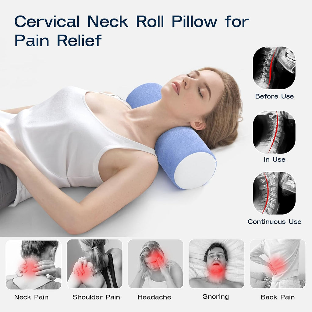 Forcanby Neck Roll Cervical Pillow for Neck - Memory Foam Neck Pillow for Bed, Round Neck Pillows for Sleeping, 15.7 * 6 * 6inch (Blue-Whit…