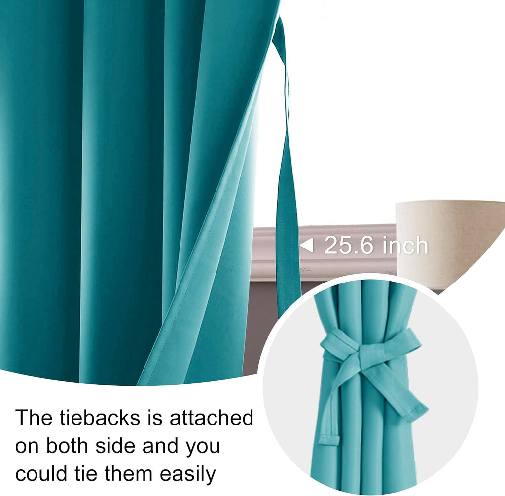 Jiuzhen Blackout Curtains - Thermal Insulated, Light Blocking, Rod Pocket with Tiebacks, Room Darkening, 42 x 63 Inch, 2 Panel Set, Turquoi…