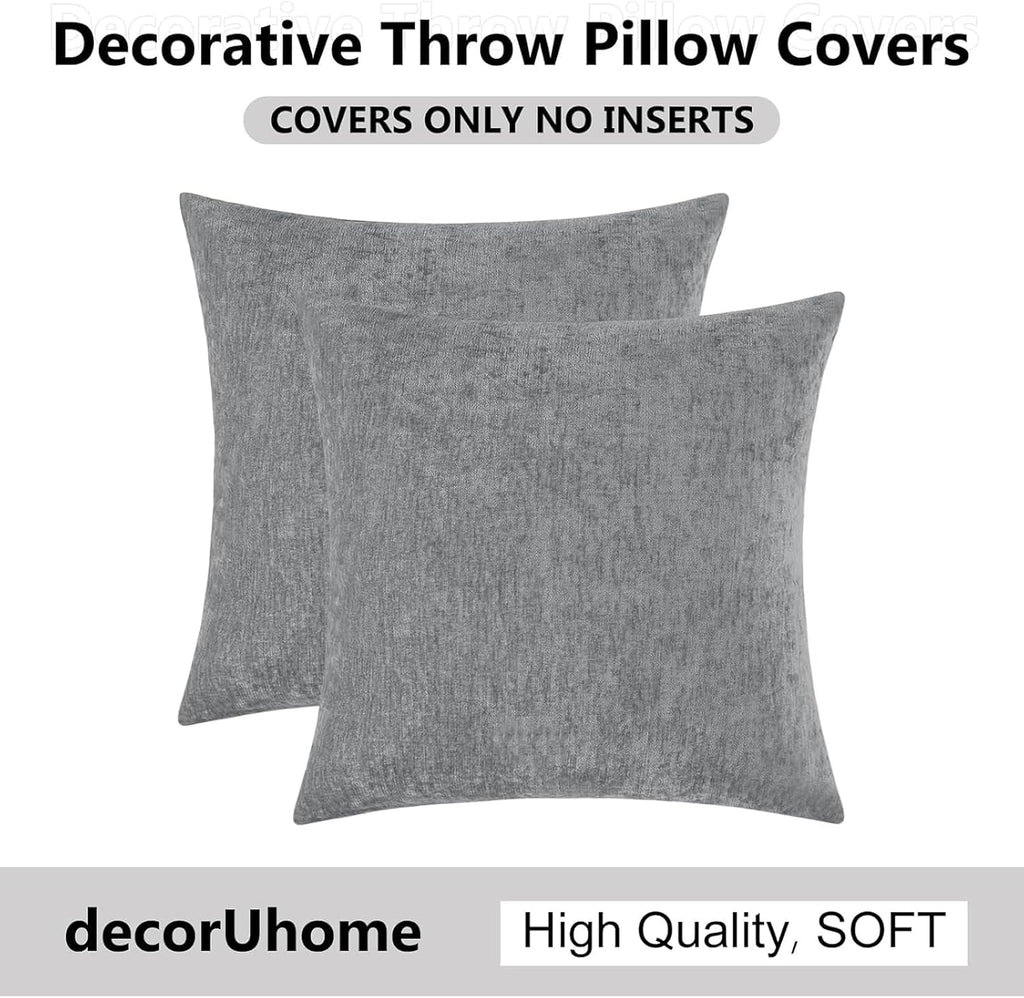 decorUhome Chenille Dark Grey Throw Pillow Covers 26x26 Inch Set of 2, Decorative Soft Couch Pillow Covers Solid Dyed Accent Velvet Farmhou…