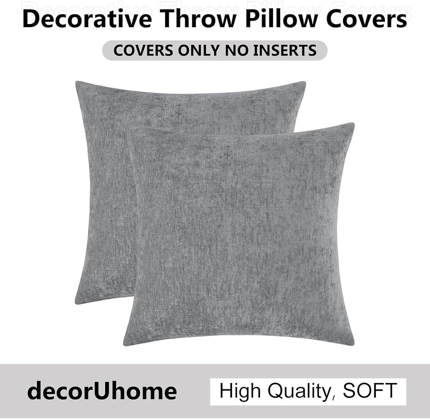 decorUhome Chenille Dark Grey Throw Pillow Covers 26x26 Inch Set of 2, Decorative Soft Couch Pillow Covers Solid Dyed Accent Velvet Farmhou…