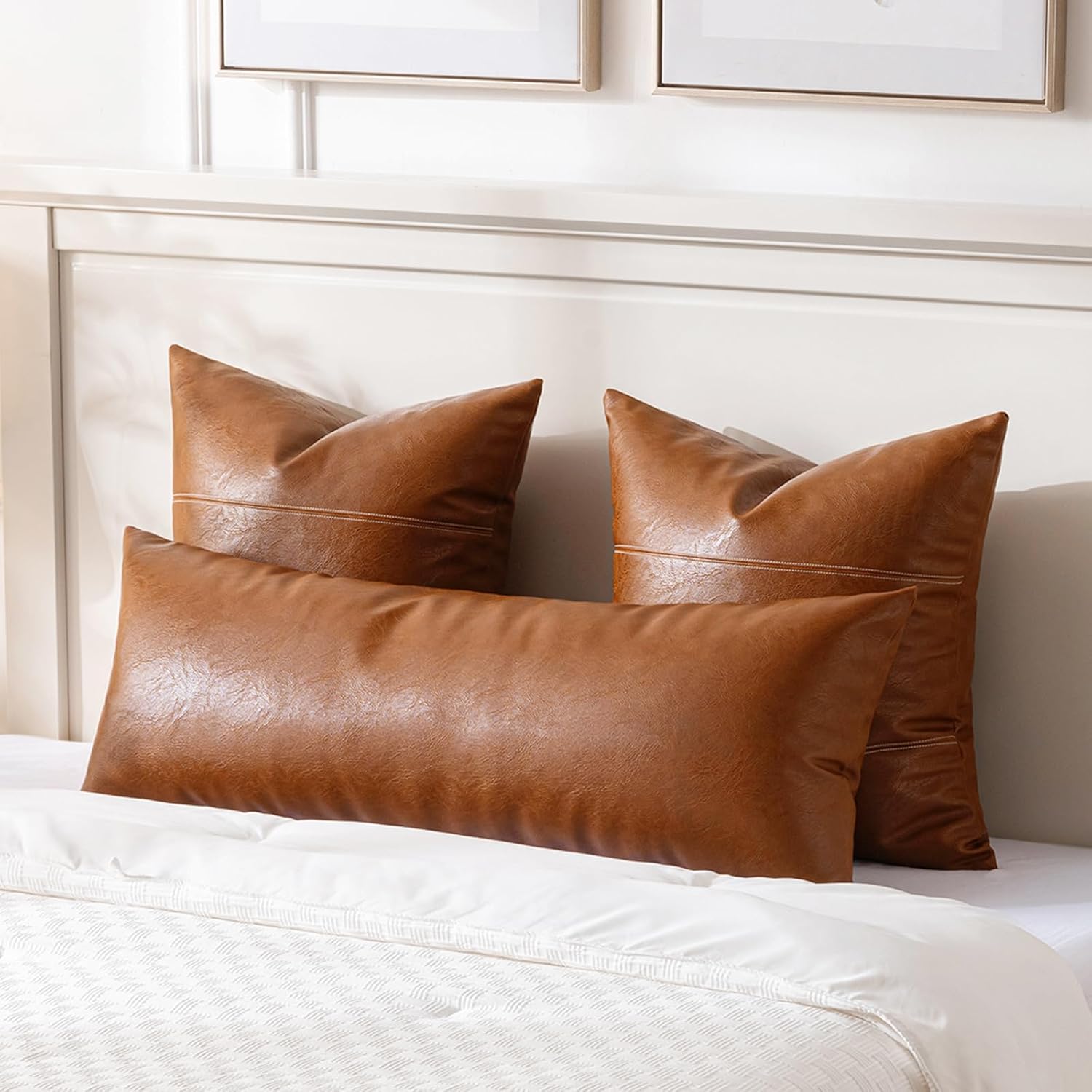 Fancy Homi Brown Boho Long Lumbar Faux Leather Body Decorative Throw Pillow Cover 14x36 Inch for Bedroom Couch Bed Bench, Thick Stylish…