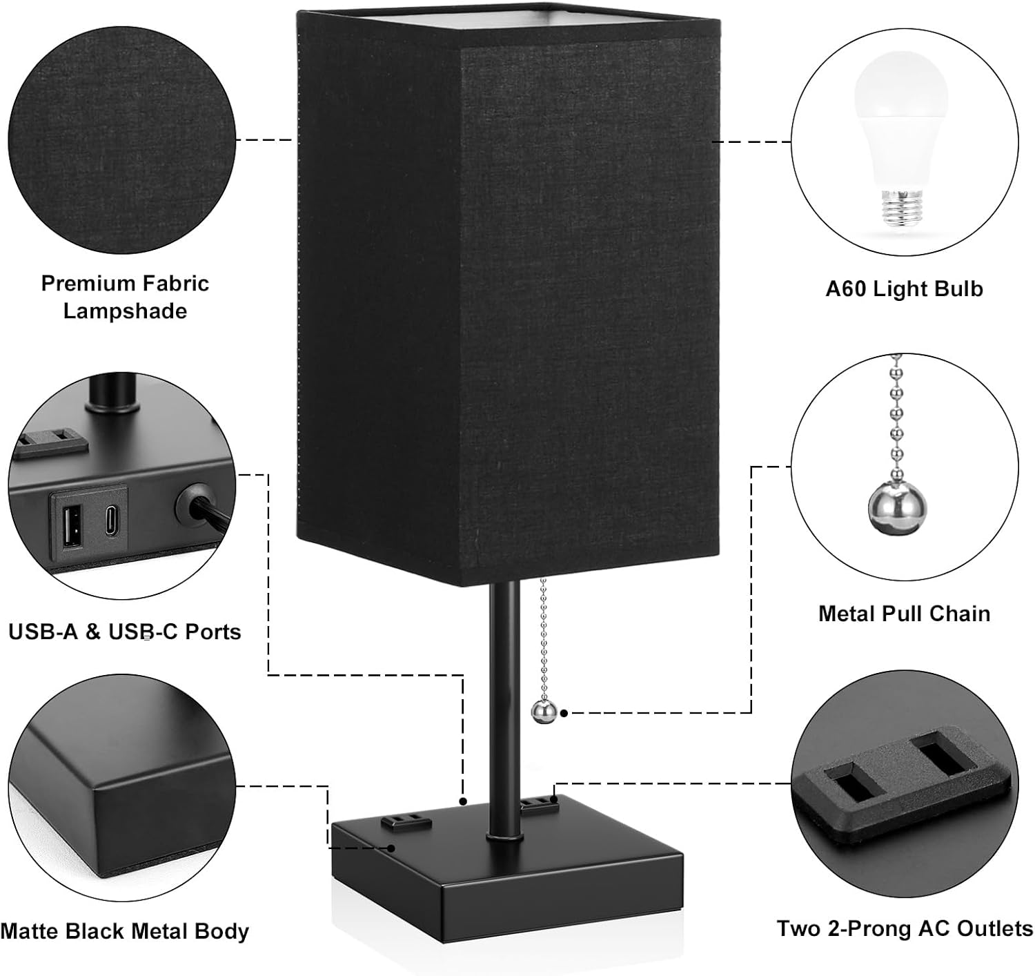 Aooshine Black Medium Table Lamp with USB Ports - 3 Color Temperature Bedside Lamp for Bedroom, Pull Chain Control, USB A and C Ports, 2 AC…