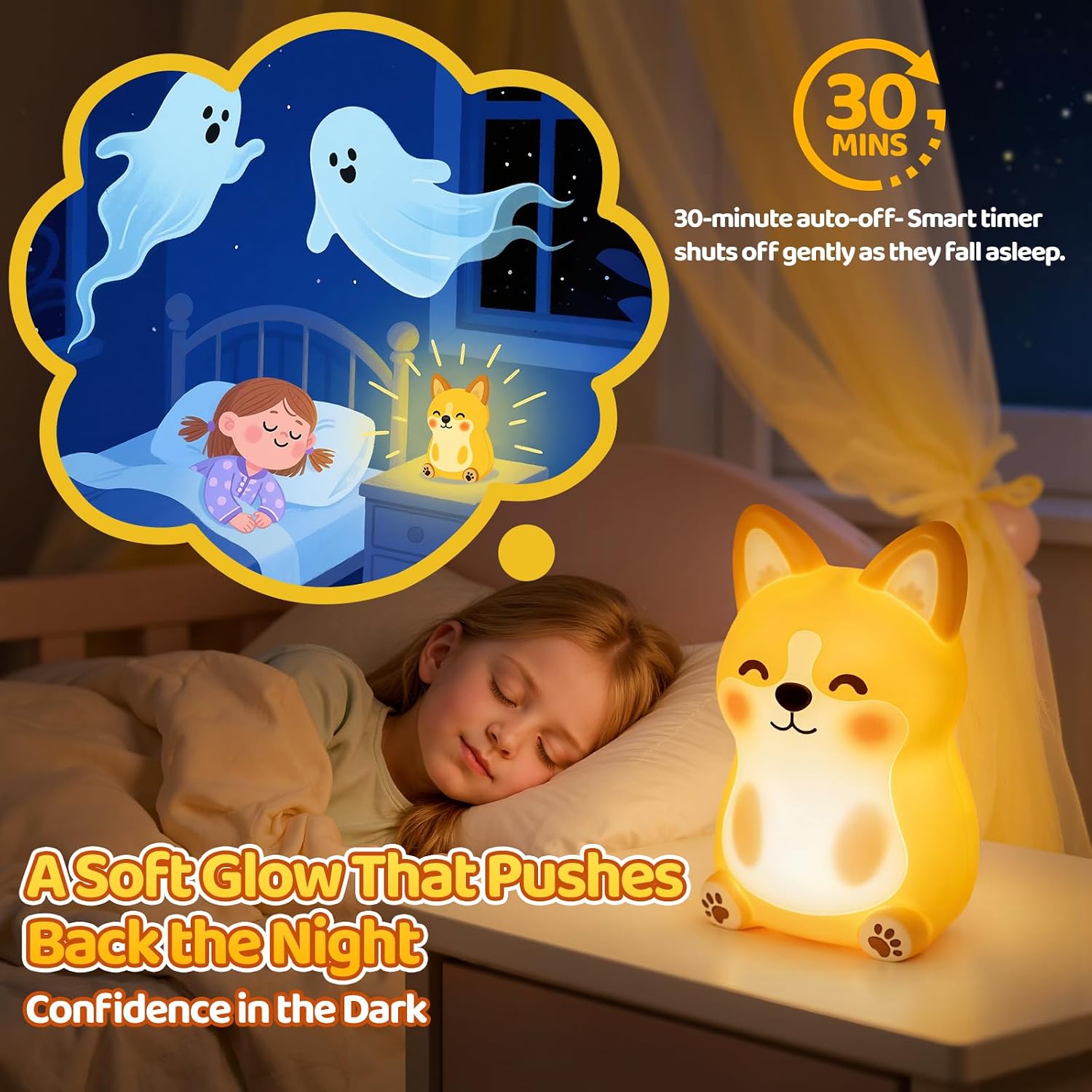 Mewaii BPA-Free Silicone丨 Huggwaii Corgi Dog Night Light for Kids, 3 Brightness Levels Nursery Dog Lamp, 30 Min Timer&Rechargeable Cute…