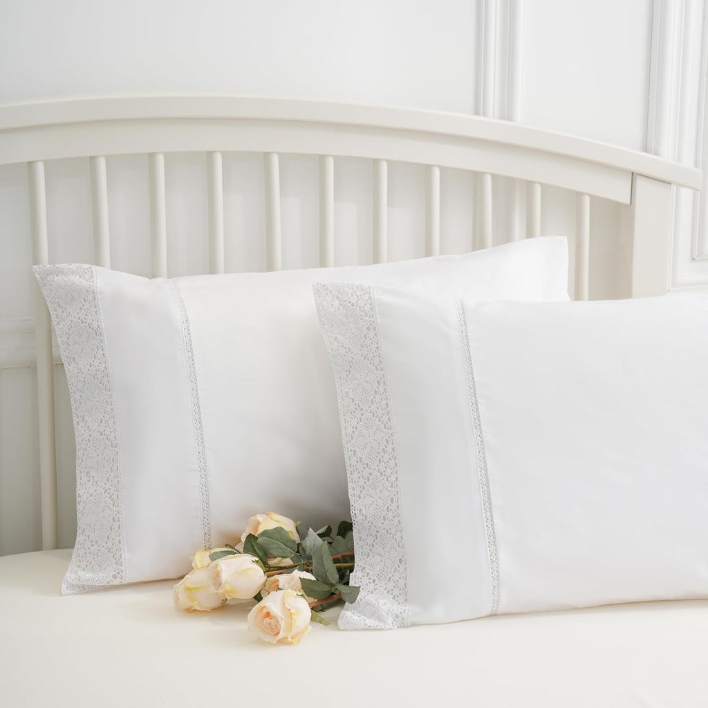 White Lace Pillowcases Standard Size Set of 2, 100% Cotton White Eyelet Pillow Shams, Elegant Farmhouse Envelope Closure Pillow Cover for…