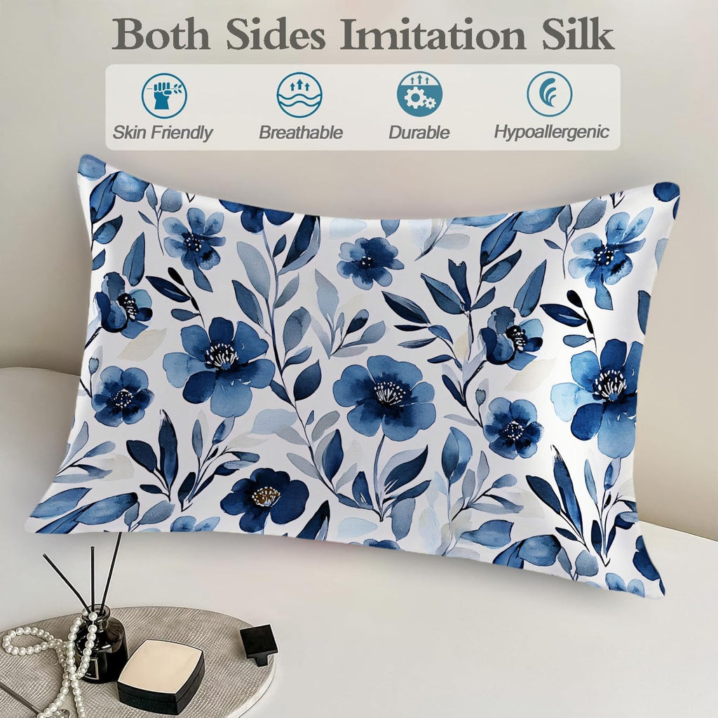 Satin Pillowcase for Hair and Skin Watercolor Blue Flowers and Leaves Super Soft and Cooling Similar to Silk Pillow Case 1 Pack with…