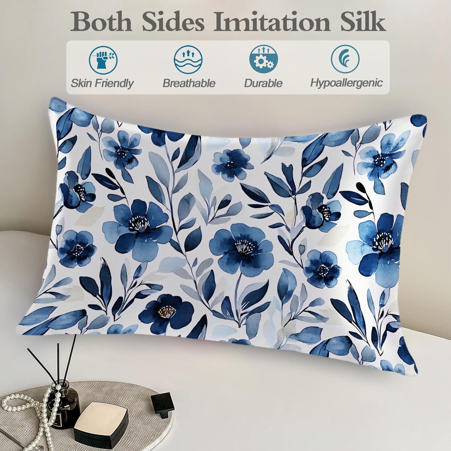 Satin Pillowcase for Hair and Skin Watercolor Blue Flowers and Leaves Super Soft and Cooling Similar to Silk Pillow Case 1 Pack with…