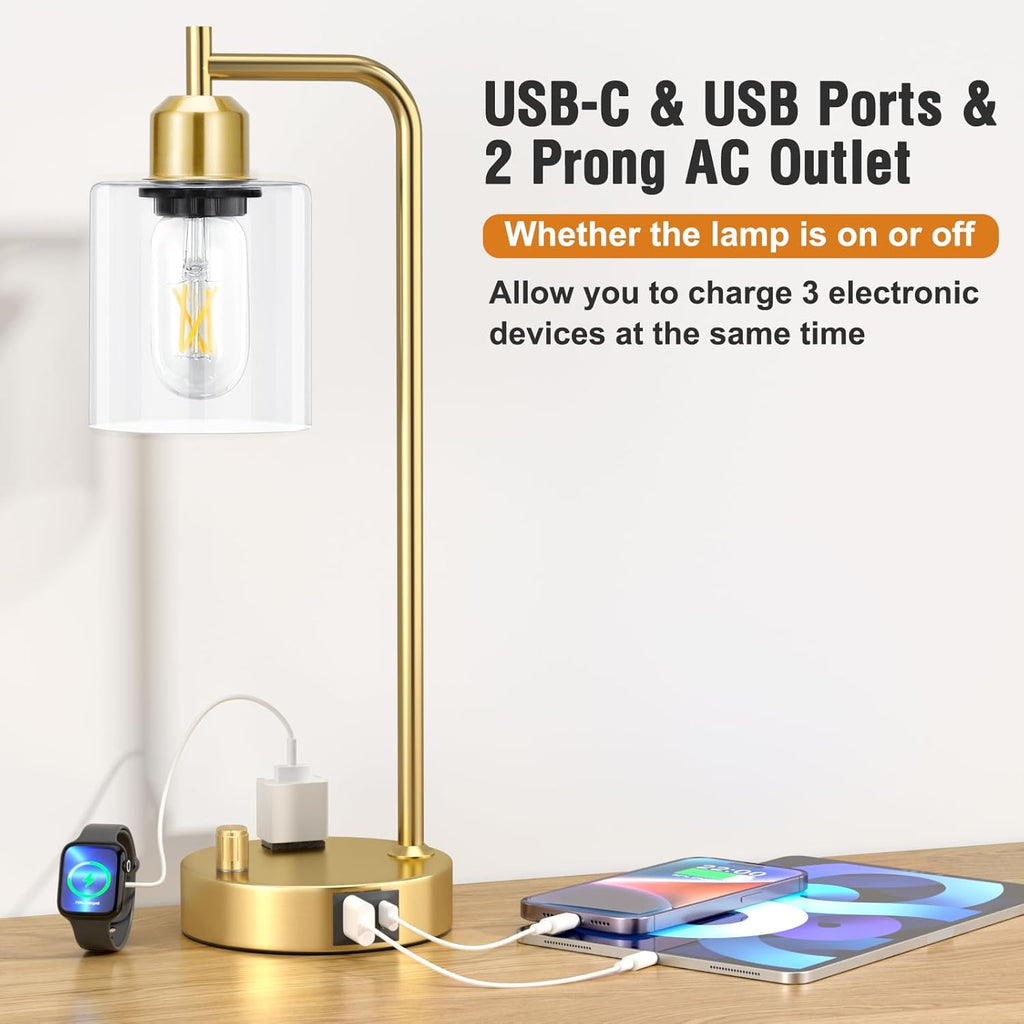 Innqoo Industrial Table Lamp for Bedroom Set of 2 - Fully Dimmable Bedside Lamps with USB Ports and Outlet, Gold Nightstand Lamps with…